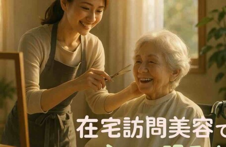 木漏れ日の入る居室で、30代の女性美容師が穏やかな笑顔で車椅子に座る高齢の女性の髪をカットしている。 美容師は落ち着いた色のエプロンを着け、優しくハサミを動かしている。 お客様は鏡越しに自分の姿を見て嬉しそうに微笑んでおり、部屋には柔らかな自然光が差し込み、木の温もりと観葉植物が心地よい雰囲気を作っている。 画像の右下には「在宅訪問美容で、心まで明るく。」という白い文字が丸みのあるゴシック体で表示され、全体に温かさと安心感が広がるセミリアルなイラスト風の構図。