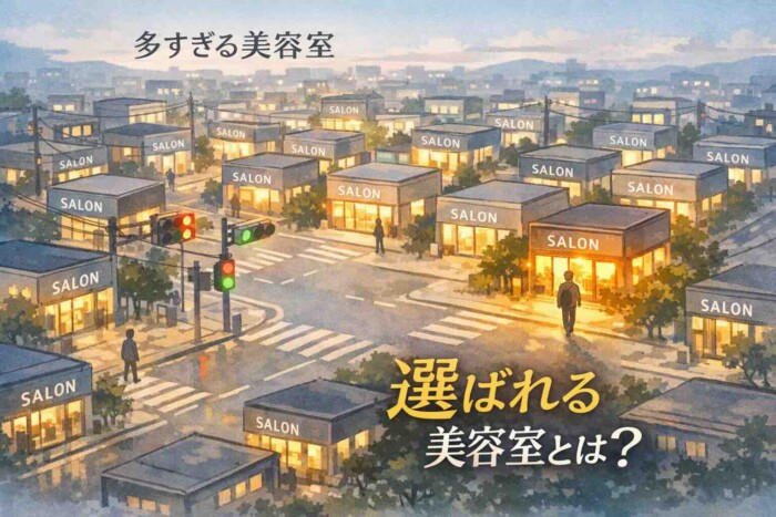 美容室が多すぎる時代に選ばれる美容室を表現した街並みのイラスト
