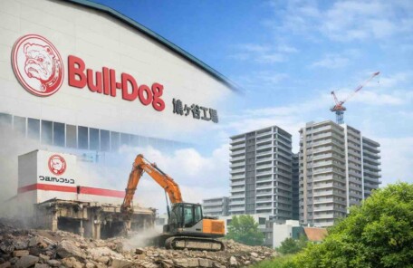 川口市鳩ヶ谷のブルドックソース工場跡地の解体と再開発イメージ。三ツ和エリアで進むマンション建設と地域の変化を表現した画像